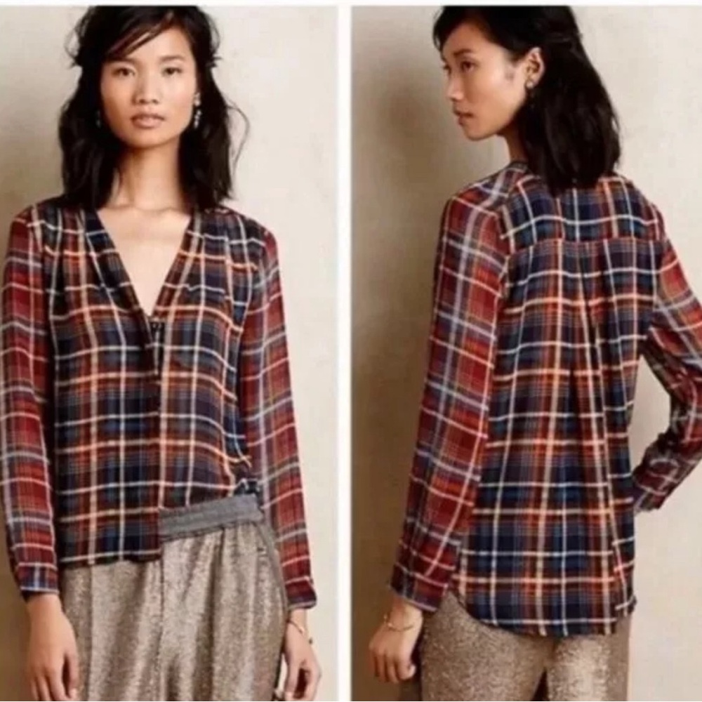 Anthropologie Maeve Sheer Plaid Button Down Blouse Burgundy Red Blue Small